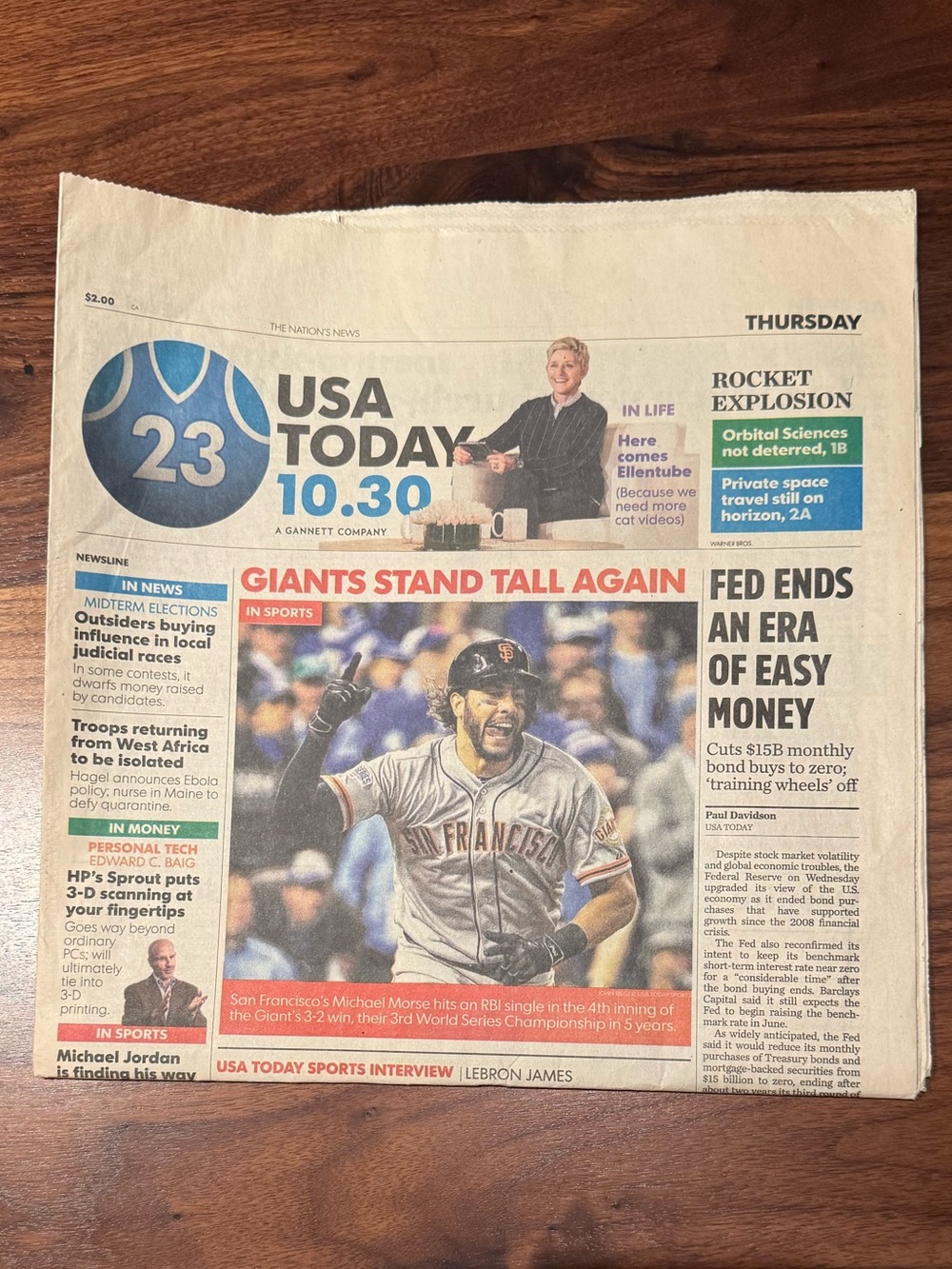 USA TODAY Folded Newspaper - SF Giants win World Series